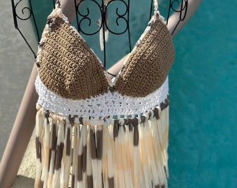 Neutral colored crocheted halter top