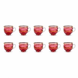 May include: A set of ten matching glass teacups arranged in two rows of five. Each cup features a deep translucent red color, a clear glass handle, and a horizontal gold band encircling the middle of the bowl and the rim of the cup.