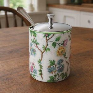 May include: A cylindrical ceramic jar with a white base featuring a colorful floral pattern of yellow, blue, and pink flowers on brown stems. The jar has a polished silver metal lid with a central knob and a matching silver spoon inserted in the side.