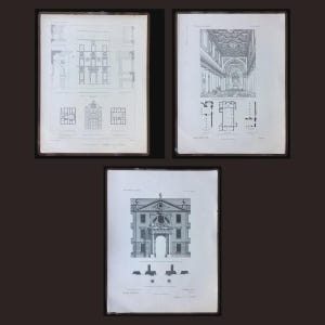 May include: Three black and white architectural prints on paper. The top left shows building elevations and floor plans. The top right displays an interior perspective of a vaulted hall with floor plans. The bottom print features a building facade.