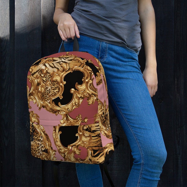 Designer Backpack For Women & Men, Laptop School College Luxury Travel Carry On Bag Graphic Black Gold Pattern Printed Print