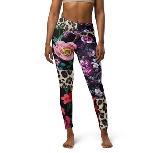Leggings mit hoher Taille für Frauen mit Taschen, Floral Lila Leopard Animal Print Workout Gym Designer Yoga Hosen, Athletisch Laufen Gedruckt