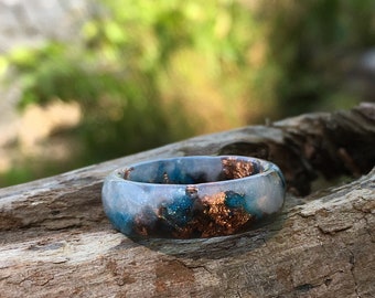 Blue Resin Ring with Copper Flakes: Handmade Stacking Ring
