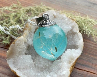 Aqua Dandelion Seed Resin Necklace: Sterling Silver Plated Chain