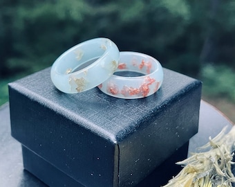 Blue Resin Ring: Copper or Gold Flakes, Couples Ring Set