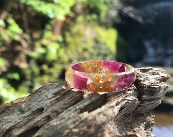 Red Rose Petal Resin Ring: Gold Flake Nature Jewelry