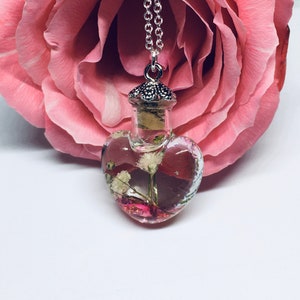 Valentines Day Gift, Heart necklace, glass bottle necklace, real flower necklace, wanderlust jewelry
