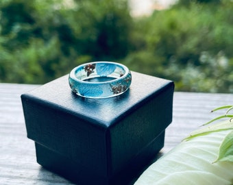 Handcrafted Blue Hydrangea Resin Ring with Copper Flakes