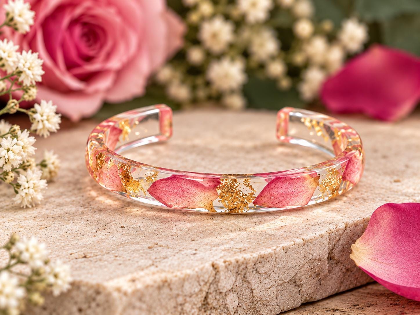 Pink Rose Petal Resin Cuff Bracelet, Gold Flake Floral Bangle