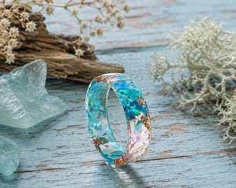Aqua Blue Green Resin Ring, Translucent Ocean Band with Copper Flakes, 5mm Handmade Unisex Rings
