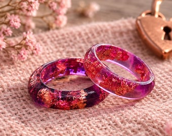 Handmade Resin Ring with Copper Flakes, Rose Pink Purple Epoxy Band, Custom Size