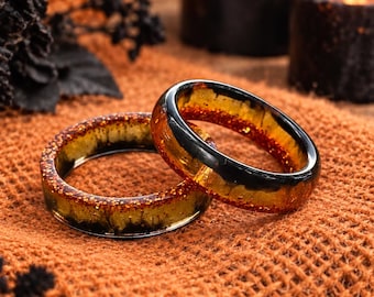 Handmade Orange Black Glitter Resin Ring, Halloween Fall Wedding Band (Couples Set)