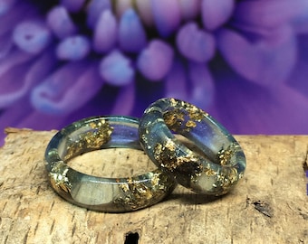 Blue Resin Ring with Gold Flakes: Night Sky Jewelry, Couple Ring Set