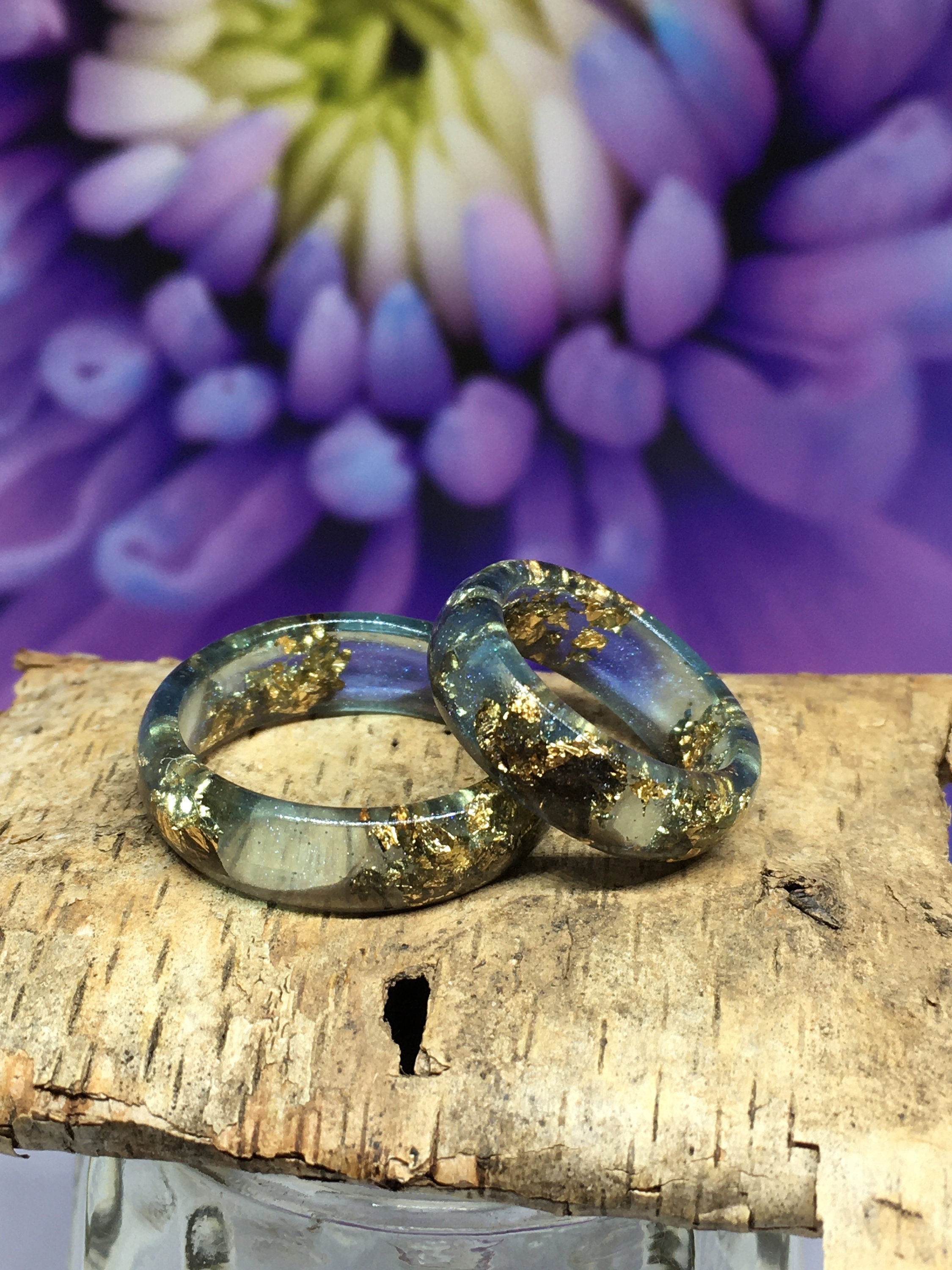 Blue Resin Ring Gold Flake Night Sky Resin Ring Couple Ring Set