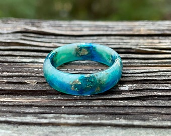 Handcrafted Blue Green Resin Ring with Gold Flakes