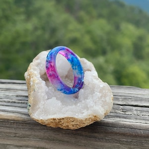 Blue resin ring, iridescent ring, astronomy gifts, clear resin rings, couple ring set