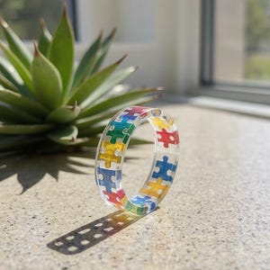 Rainbow Puzzle Piece Resin Ring: Autism Awareness Jewelry image 4
