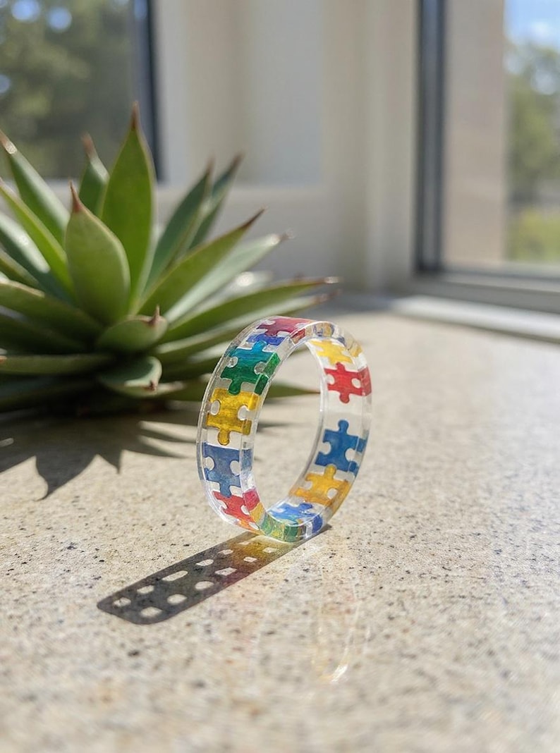 Rainbow Puzzle Piece Resin Ring: Autism Awareness Jewelry image 4
