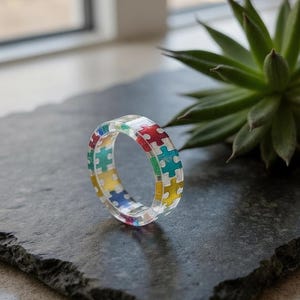 Rainbow Puzzle Piece Resin Ring: Autism Awareness Jewelry image 11