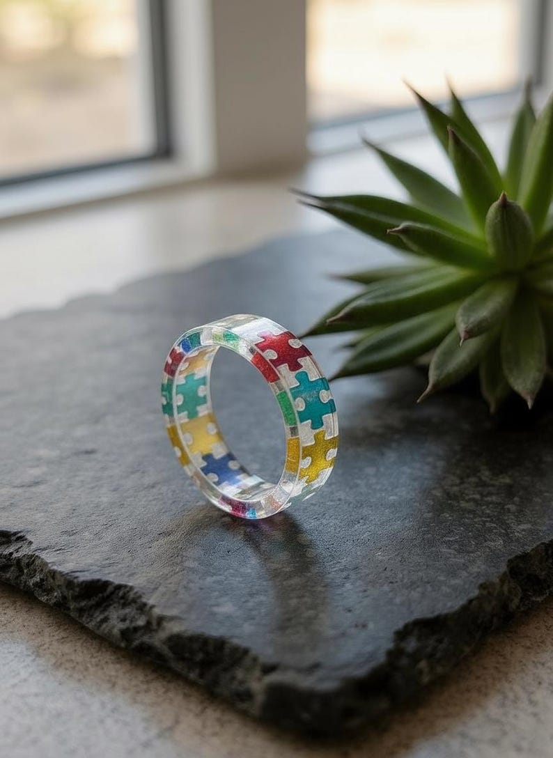 Rainbow Puzzle Piece Resin Ring: Autism Awareness Jewelry image 11