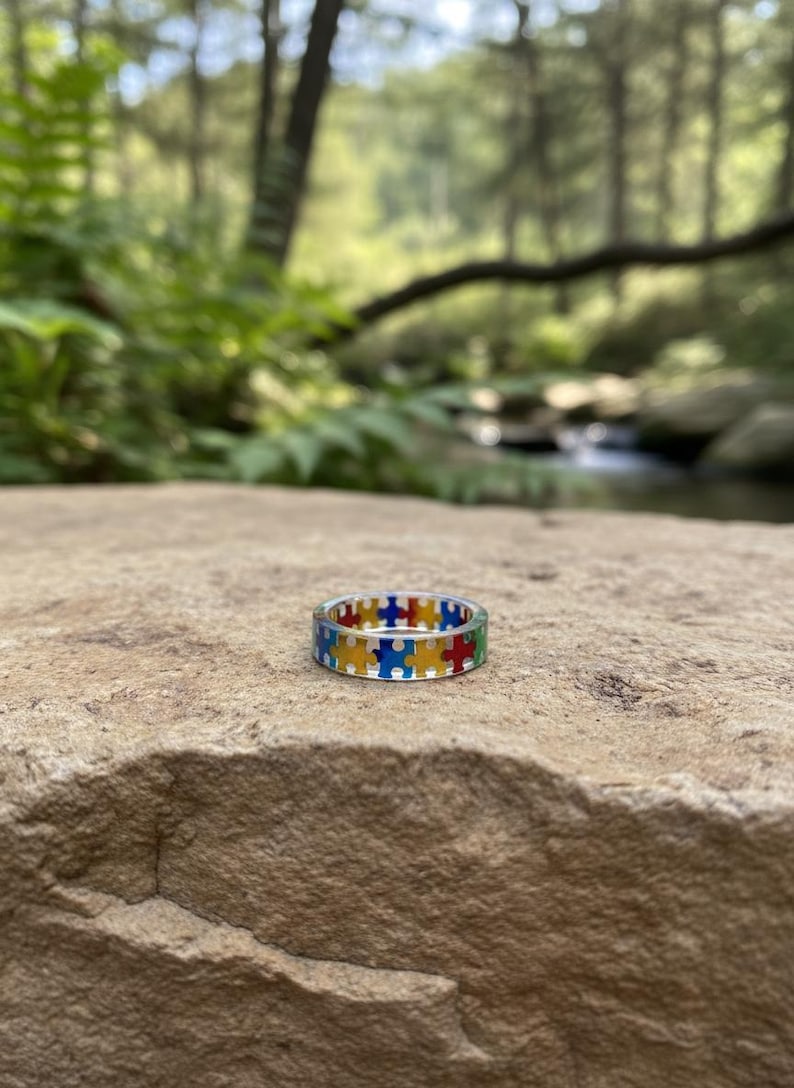 Rainbow Puzzle Piece Resin Ring: Autism Awareness Jewelry image 3