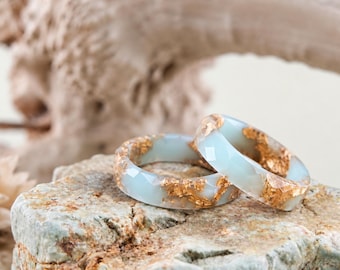 Milky Sky Blue Resin Ring with Gold Flakes, Faceted Handmade Band, Unisex Rings