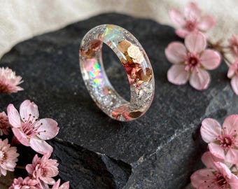 Pink Glitter Resin Ring – Iridescent Epoxy Band with Silver Flakes (Handmade)