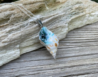 Seashell Resin Pendant Necklace: Ocean Water Scene, Sterling