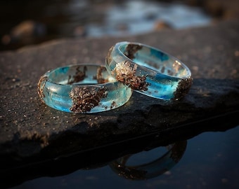Blue Resin Ring with Copper Flakes: Night Sky Couple Ring Set