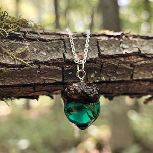 Green Resin Acorn Necklace: Pine Tree Terrarium Pendant