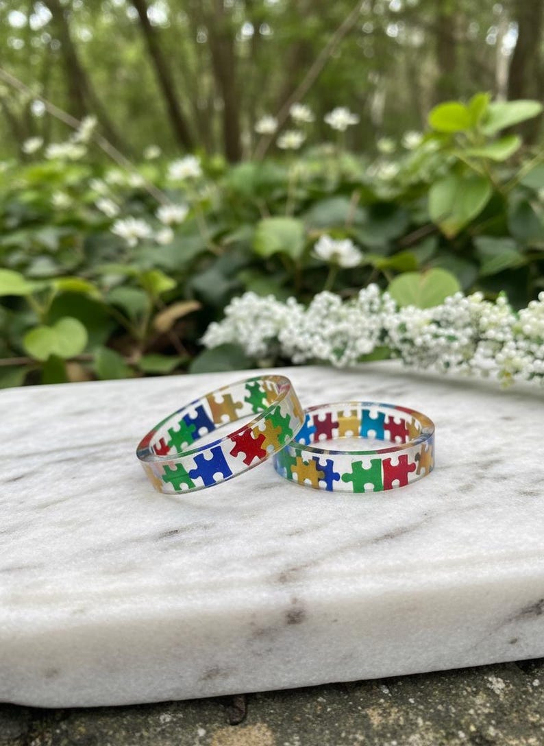 Rainbow Puzzle Piece Resin Ring: Autism Awareness Jewelry image 5