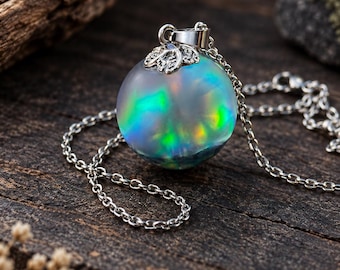 Handmade Frosted Resin Aurora Orb Necklace, Iridescent Rainbow Pendant, Celestial Jewelry