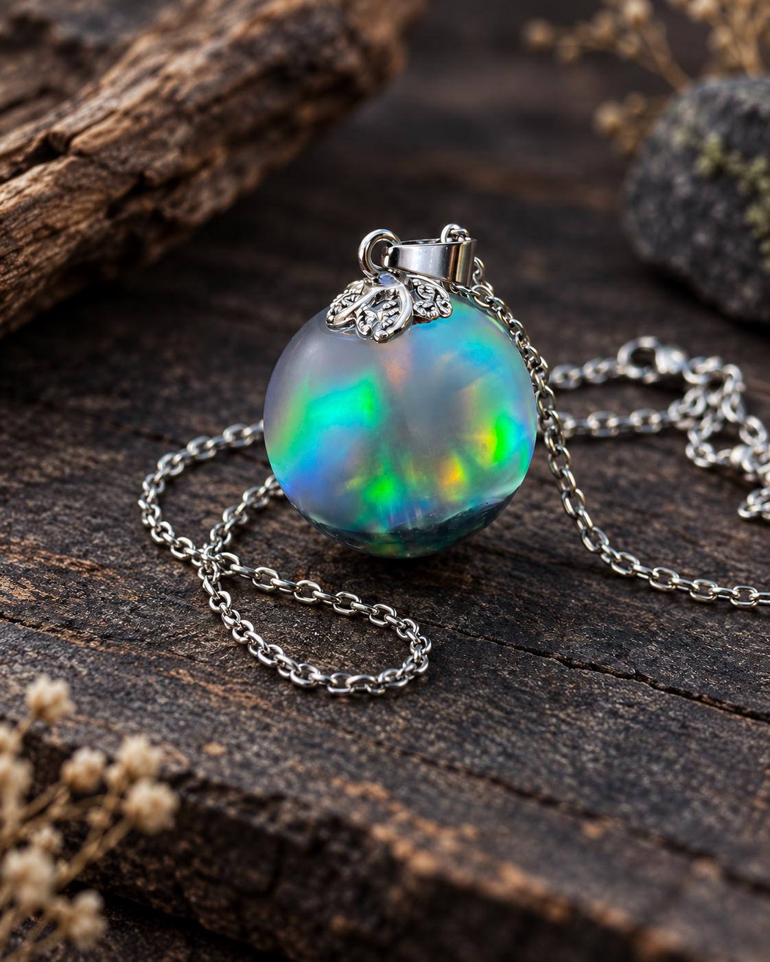 Northern Lights Resin Necklace, Frosted Aurora Orb Pendant