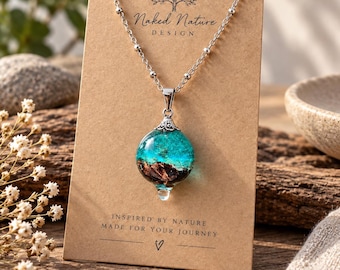 Handcrafted Aqua Resin Drip Pendant Necklace, Copper Flake, Celestial Nature Jewelry
