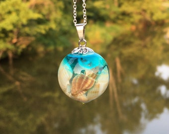 Ocean Resin Orb Necklace: Shells Blue Ink, Sterling Silver Chain