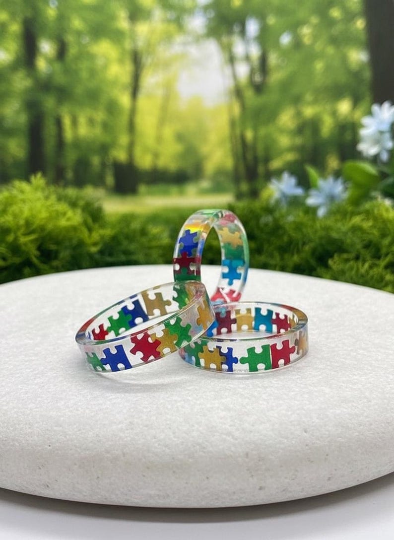 Rainbow Puzzle Piece Resin Ring: Autism Awareness Jewelry image 8