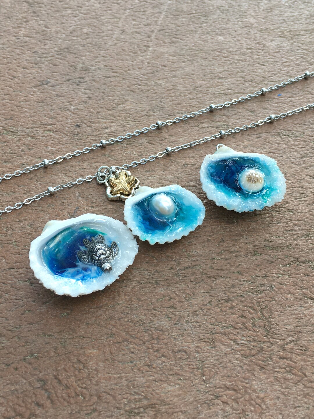 Seashell Resin Necklace: Ocean Theme With Turtle or Pearl