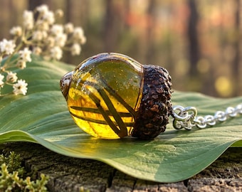 Handcrafted Golden Resin Acorn Necklace with Real Pine Needles, Woodland Nature Jewelry
