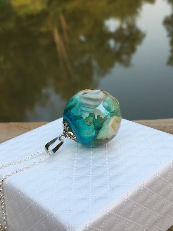 Ocean Resin Orb Necklace: Shells & Blue Ink, Sterling Silver