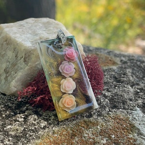 Rose bud necklace, rose resin necklace, resin necklace, resin inclusions, cna gifts