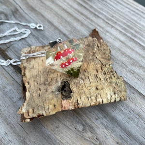 Red mushroom pendant, Wood resin jewelry, moss terrarium, mushroom terrarium