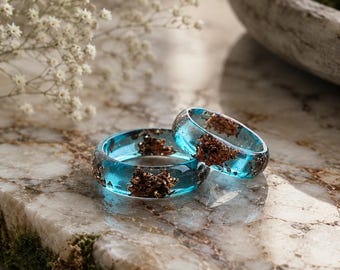 Blue Resin Ring with Copper Flakes: Night Sky Couple Ring Set