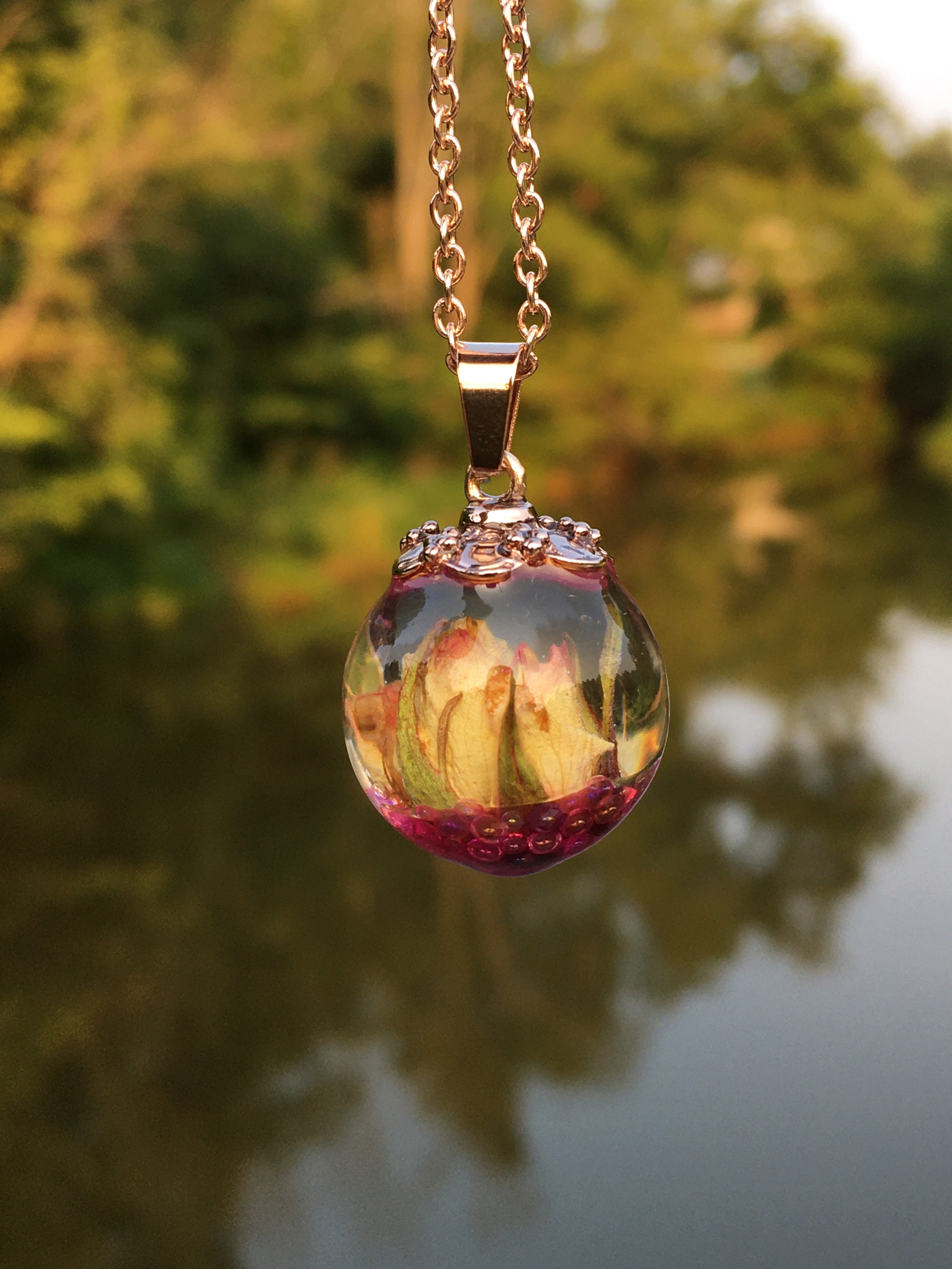 Real Rose Jewelry, Resin Orb Necklace, Resin Flower Pendant