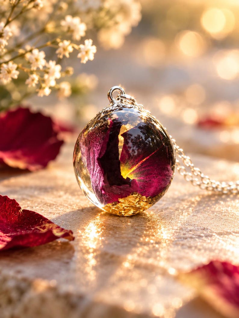 May include: A spherical pendant necklace featuring a deep purple rose petal encased in clear resin with gold leaf flakes at the base. The pendant is attached to a silver-toned metal chain, capturing light with a reflective, glossy finish.