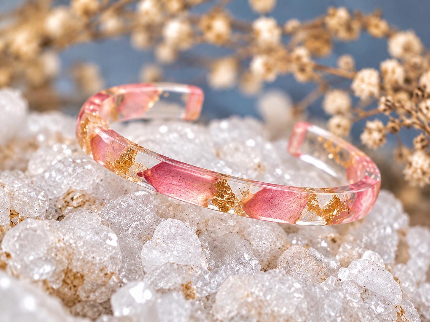 Pink Rose Petal Resin Cuff Bracelet, Gold Flake Floral Bangle