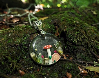 Mushroom Resin Pendant: Moss, Flowers & Seashells - Nature Necklace