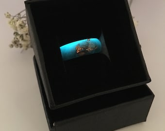 Handcrafted Aqua Glow Resin Ring with Copper Flakes