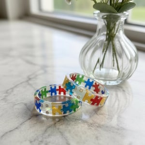 Rainbow Puzzle Piece Resin Ring: Autism Awareness Jewelry image 13