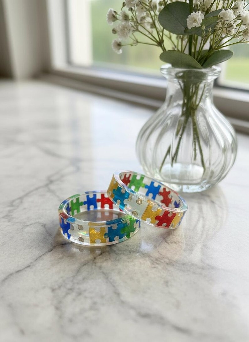 Rainbow Puzzle Piece Resin Ring: Autism Awareness Jewelry image 13