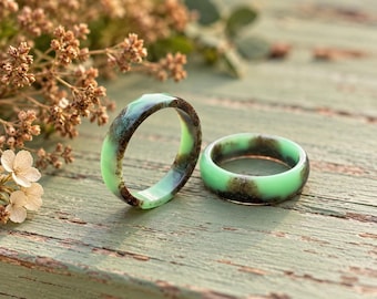 Glow in Dark Epoxy Resin Ring, Mint Green Olive Copper, Faceted or Curved Band
